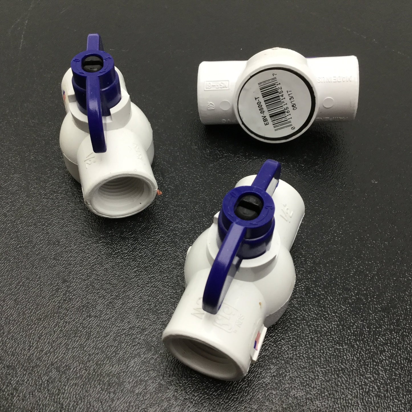 Used Lot of 3 FloEBV-0500-T Ball Valve, PVC, 1/2" Threaded, 150PSI