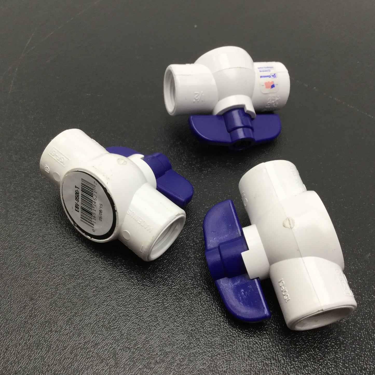 Used Lot of 3 FloEBV-0500-T Ball Valve, PVC, 1/2" Threaded, 150PSI