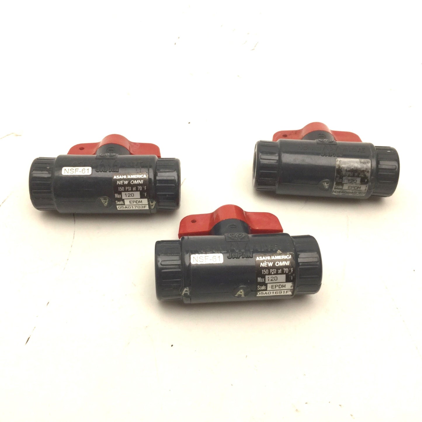 Used Lot of 3 Asahi AV Valve 13-3/8 Type C PVC Ball Valve, EPDM Seals, 150PSI
