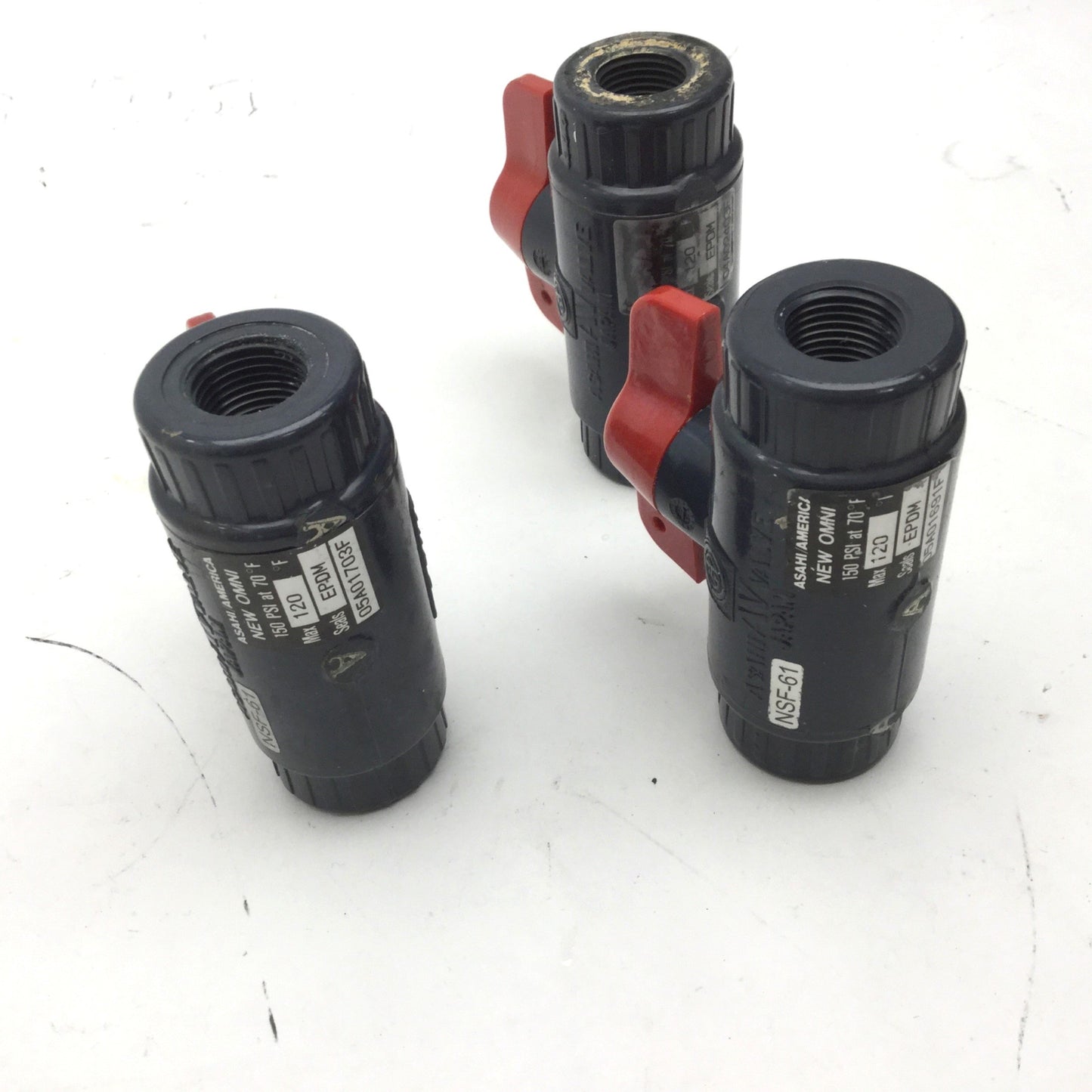 Used Lot of 3 Asahi AV Valve 13-3/8 Type C PVC Ball Valve, EPDM Seals, 150PSI