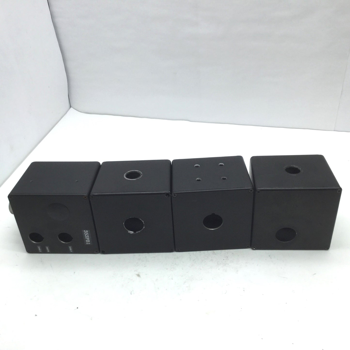 Used Lot of 4 Hammond 1590-V Aluminum E-Stop Enclosures Holes ,4.75" x 4.75" x 3.5"