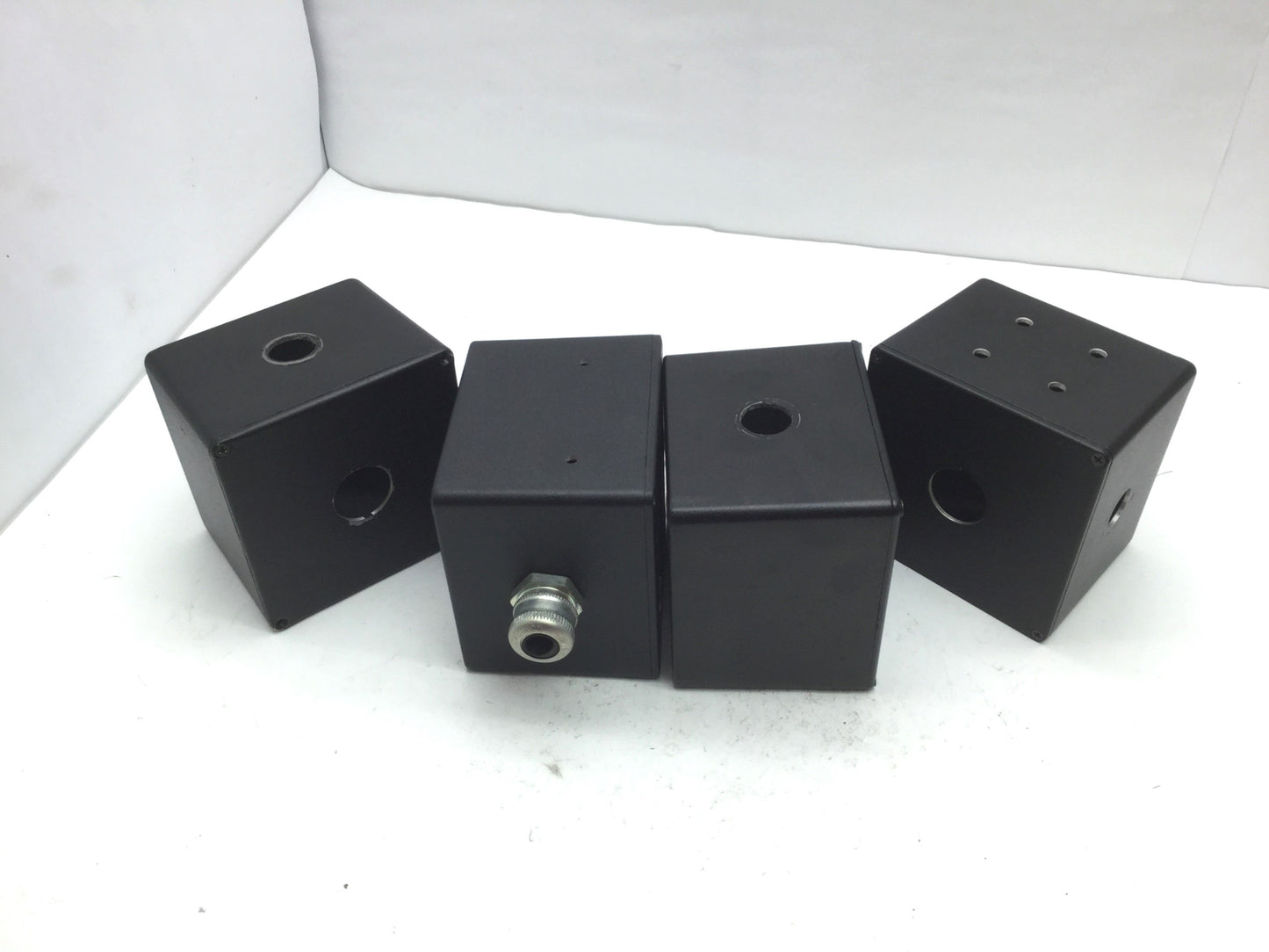 Used Lot of 4 Hammond 1590-V Aluminum E-Stop Enclosures Holes ,4.75" x 4.75" x 3.5"