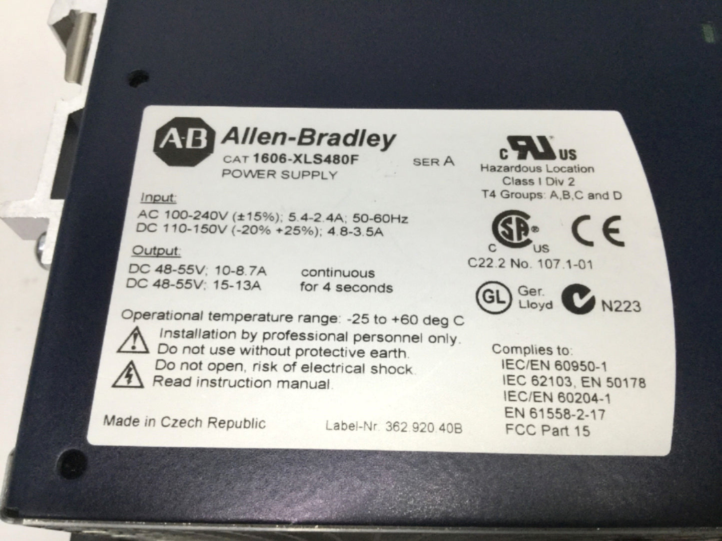Used Allen Bradley 1606-XLS480F Power Supply, 100-240VAC In, 48-55VDC 10A Out, 480W