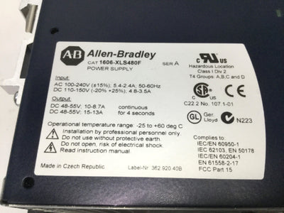 Used Allen Bradley 1606-XLS480F Power Supply, 100-240VAC In, 48-55VDC 10A Out, 480W