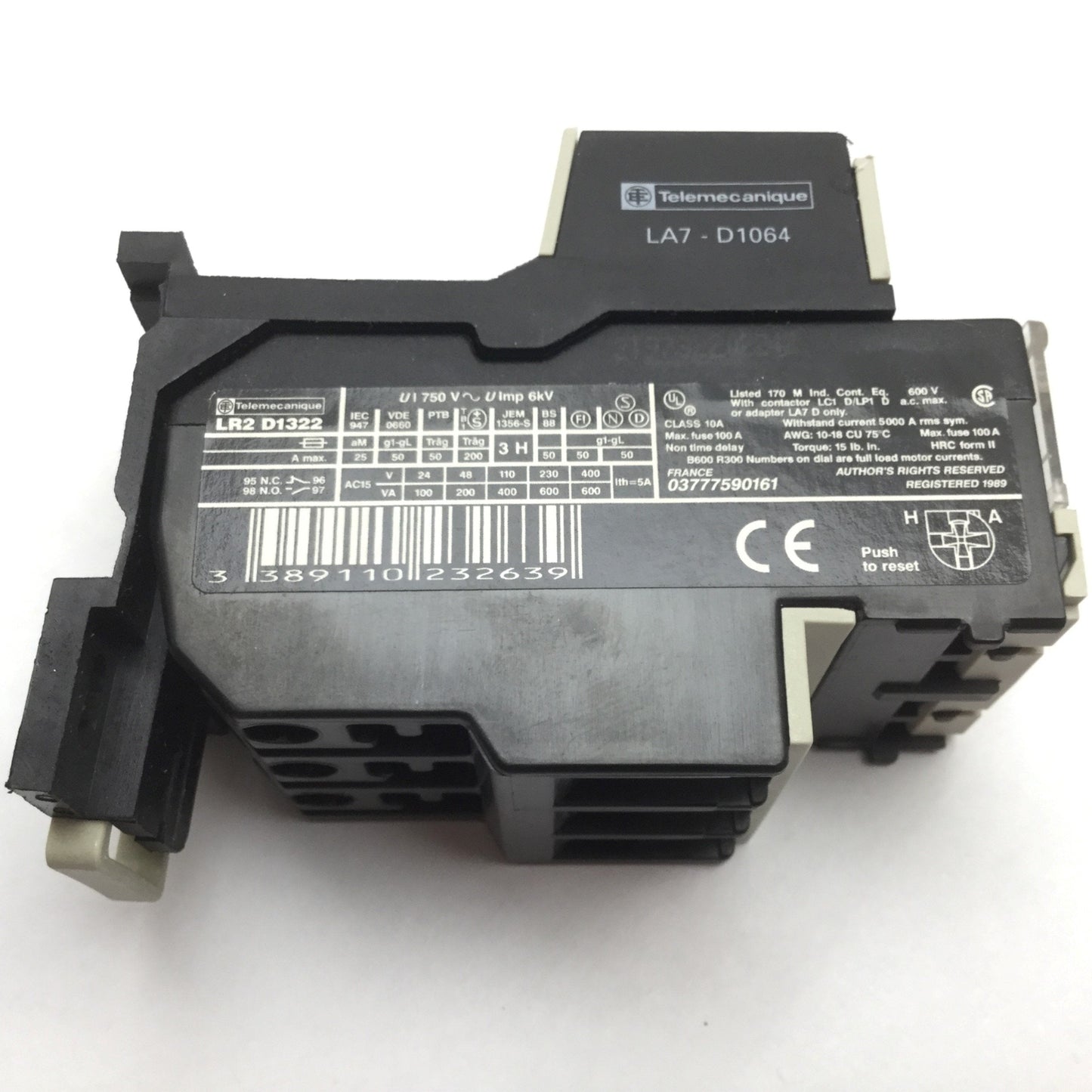 Used Telemecanique LR2-D1322 Thermal Overload Relay With LA7-D1064 Terminal Block