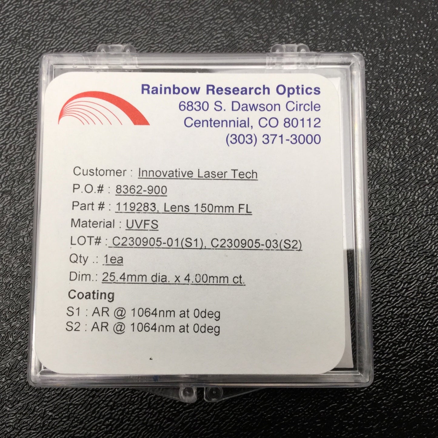 New Rainbow Research Optics 119283 BFCX-25.4-150.0-UV, Focal Length 150mm, AR 1064nm