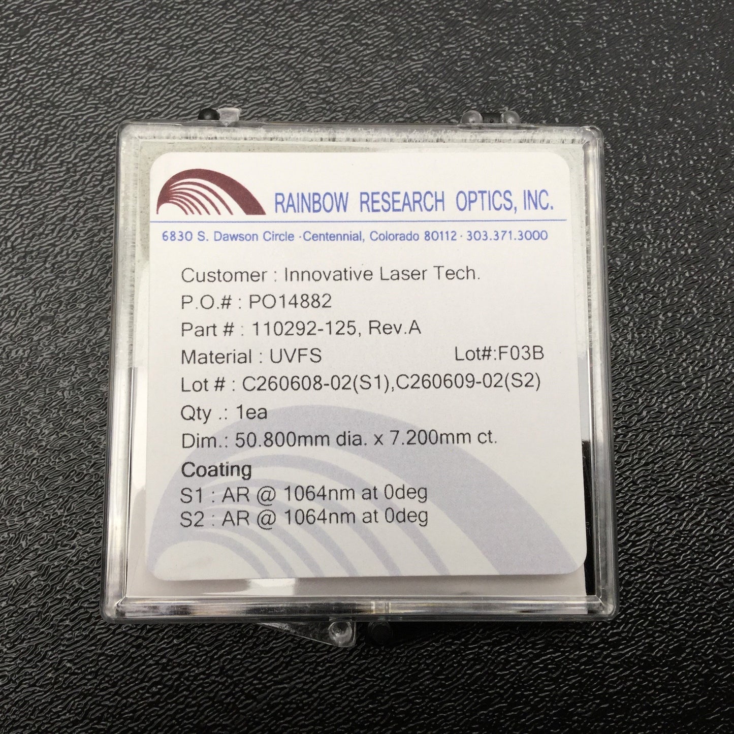 New Rainbow Research Optics 110292-125 BX-50.8-127.5-UV Focal Length 125mm AR 1064nm