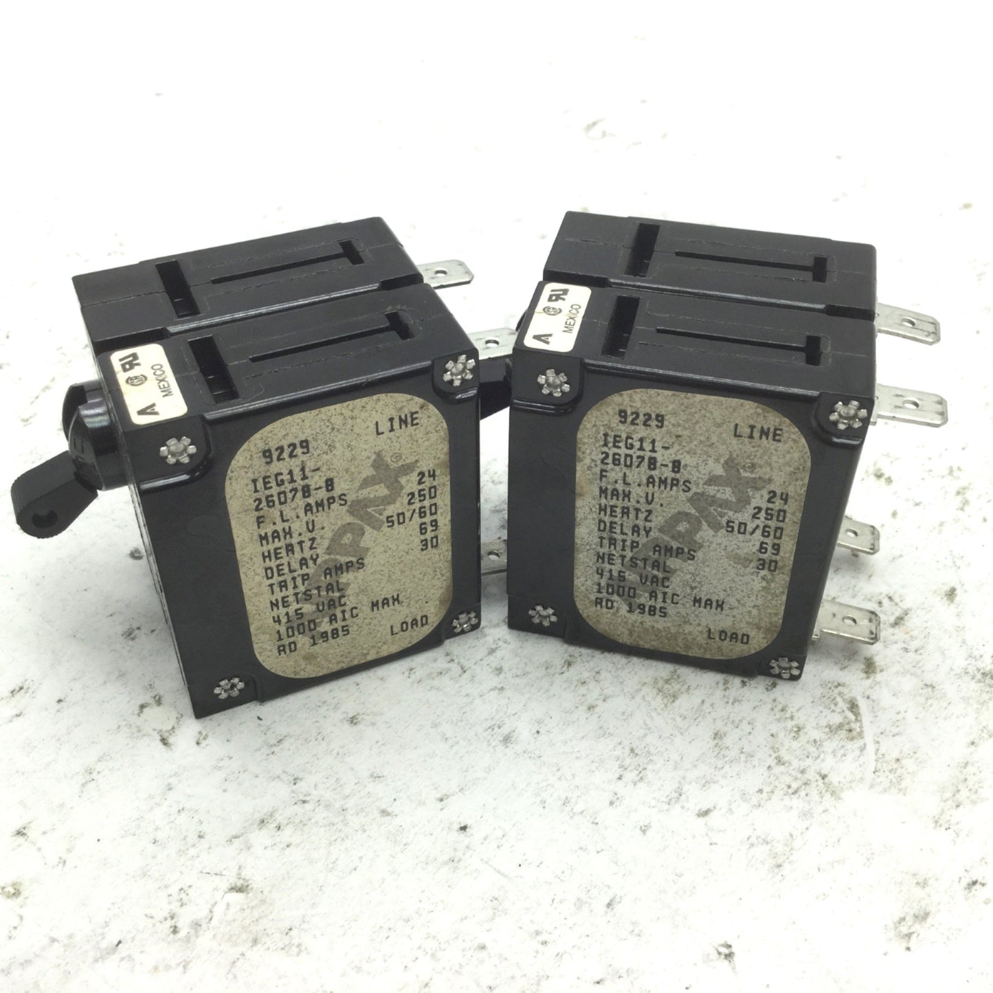 Used Lot of 2 Airpax IEG11-26078-8 Circuit Breakers 24A 250V 50-60Hz Trip 30A