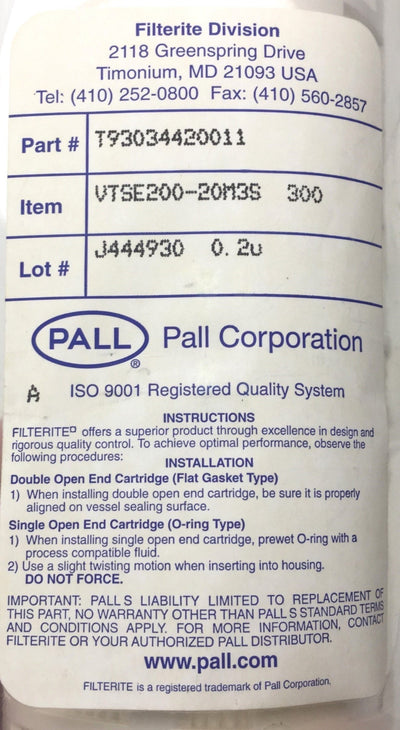 New Pall Corporation T93034420011 Filter, VTSE200-20M3S 300