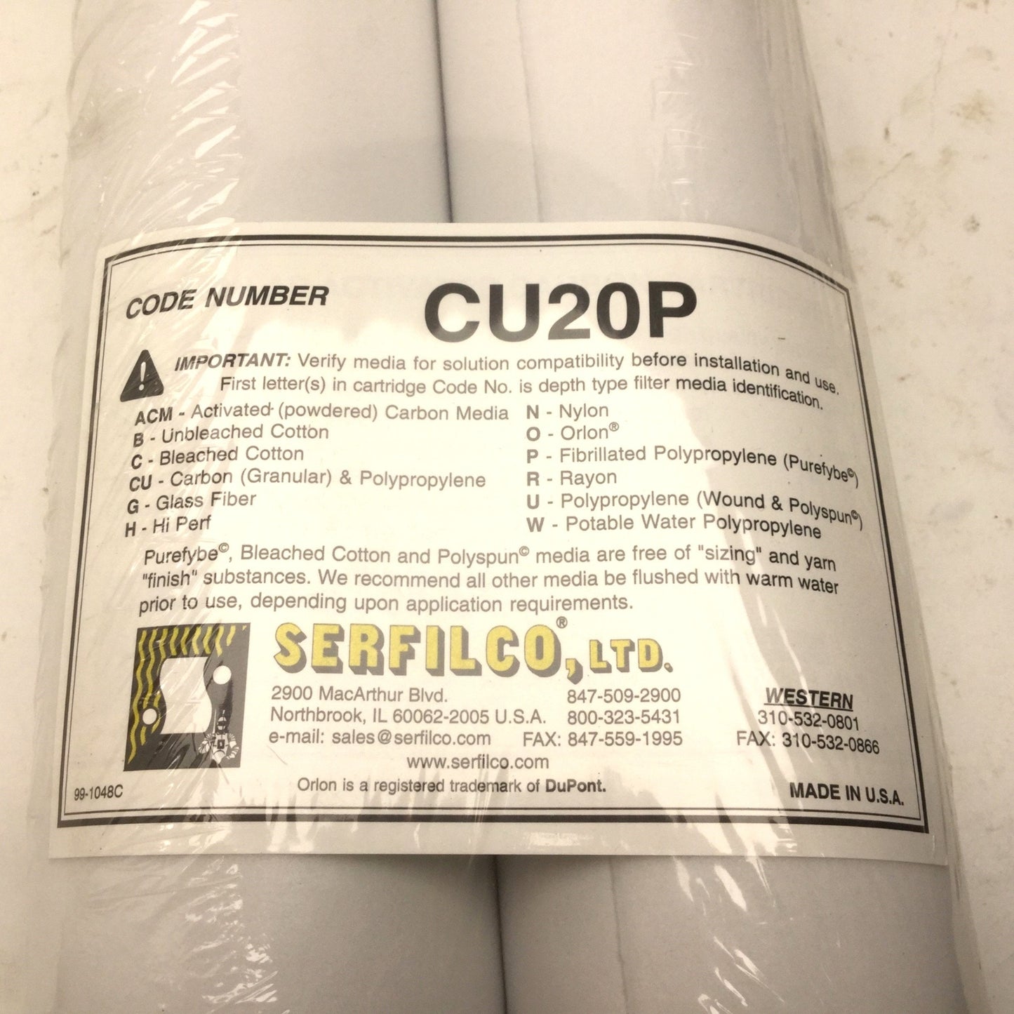 New Pack of 2 New Serfilco CU20P Carbon Filter Cartridges, 20", 50 Micron