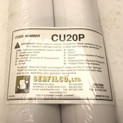 New Pack of 2 New Serfilco CU20P Carbon Filter Cartridges, 20", 50 Micron