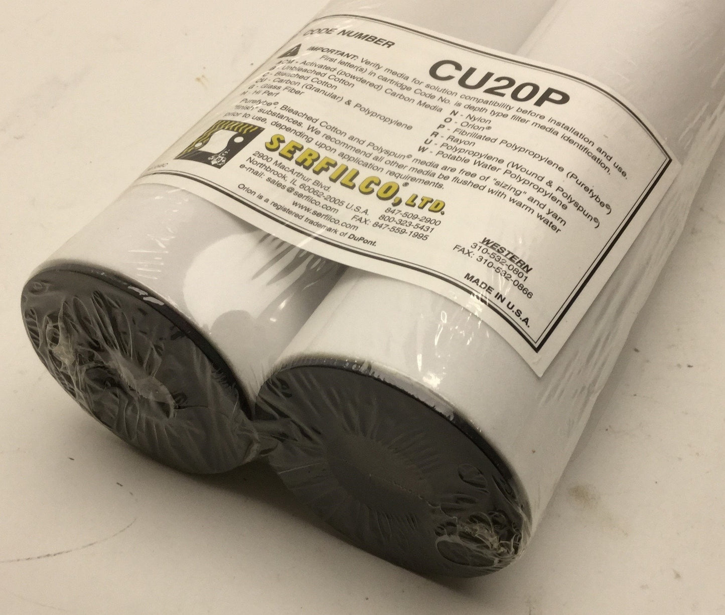 New Pack of 2 New Serfilco CU20P Carbon Filter Cartridges, 20", 50 Micron
