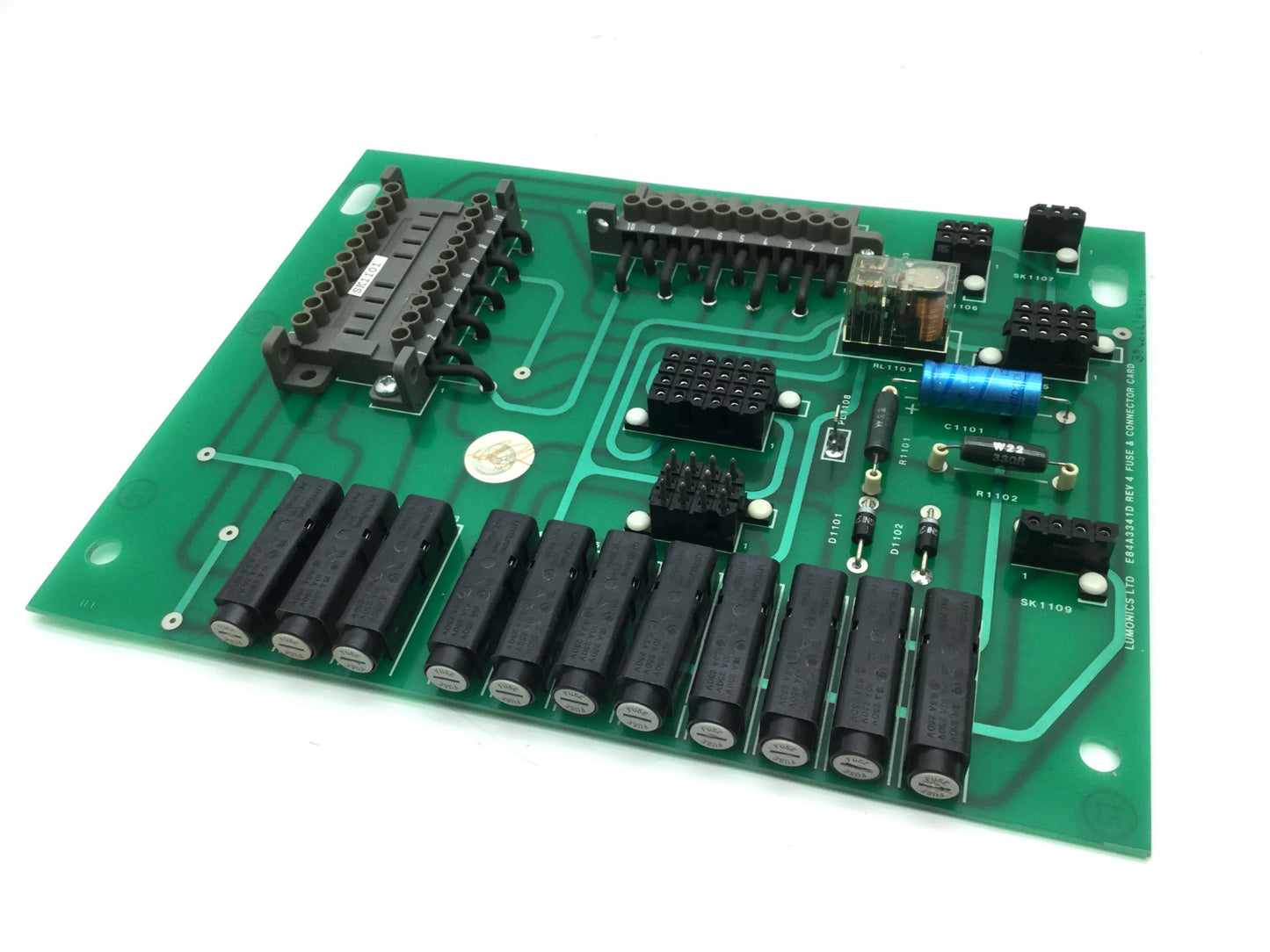 Used Lumonics E84A3341D Fuse and Connector Card Rev 4, 11x Fuse Holders, 415V Fuses