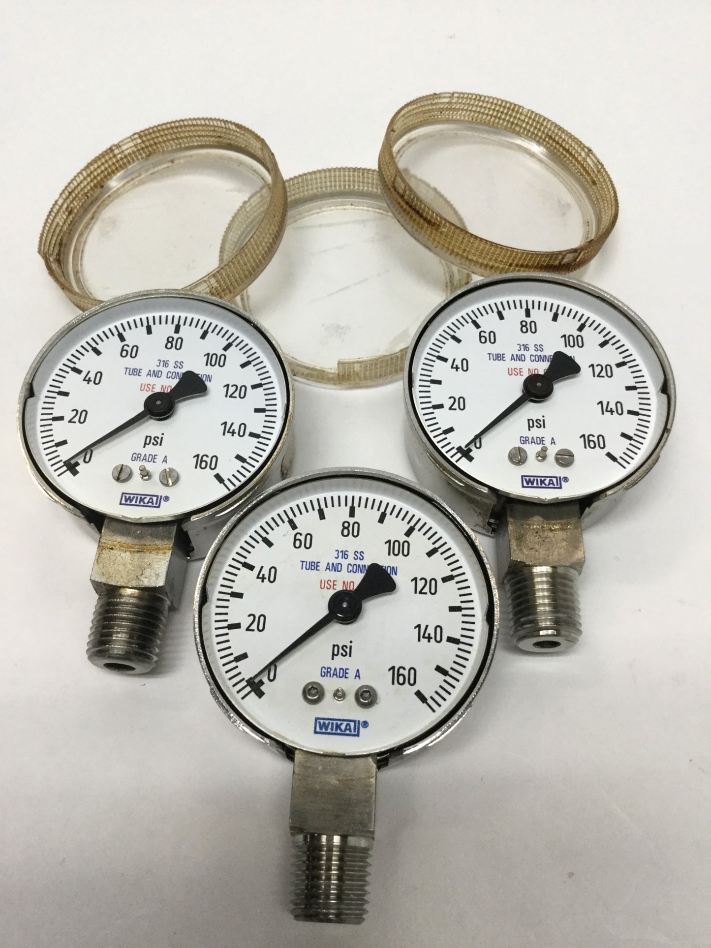 Used Lot of 3 Wika Pressure Gauges, 0-160psi, 2" Face, 316 Stainless Steel, 1/4" NPT