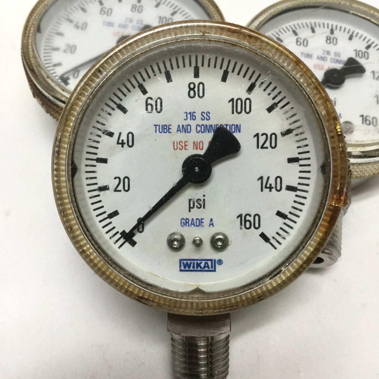 Used Lot of 3 Wika Pressure Gauges, 0-160psi, 2" Face, 316 Stainless Steel, 1/4" NPT
