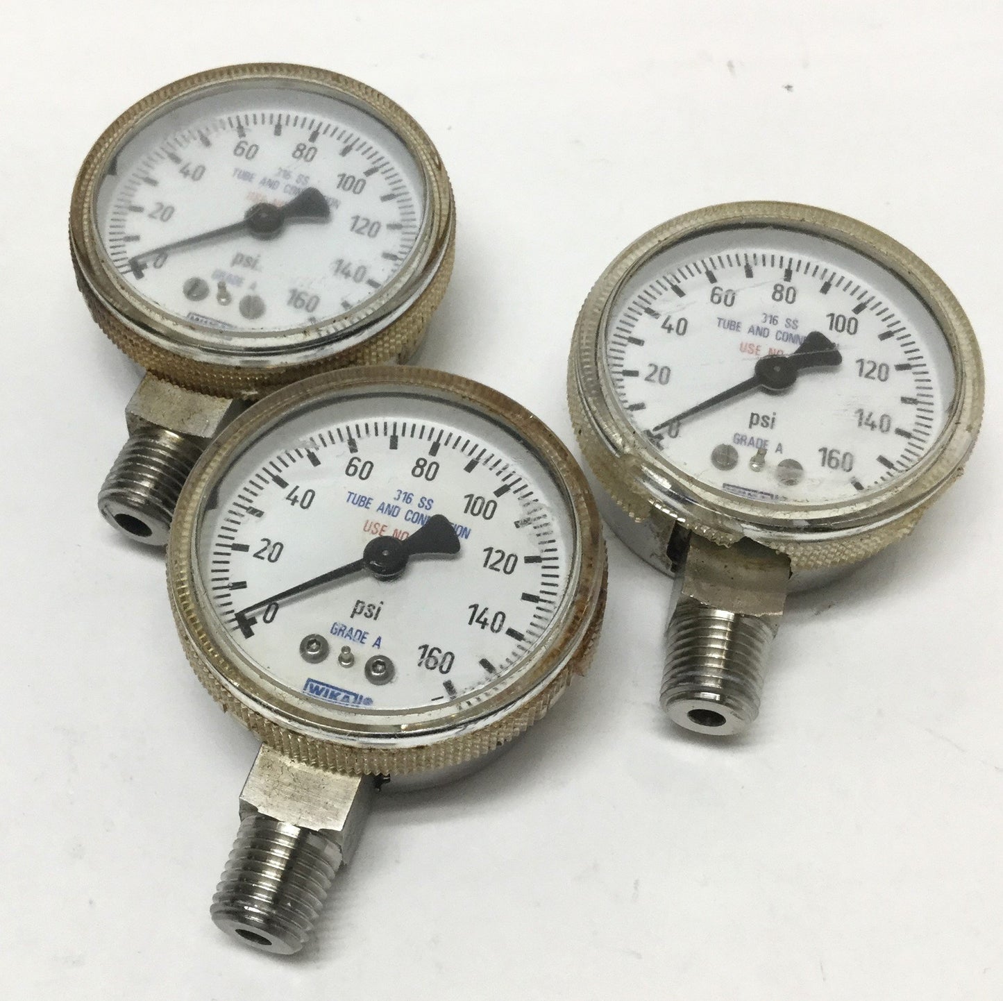 Used Lot of 3 Wika Pressure Gauges, 0-160psi, 2" Face, 316 Stainless Steel, 1/4" NPT