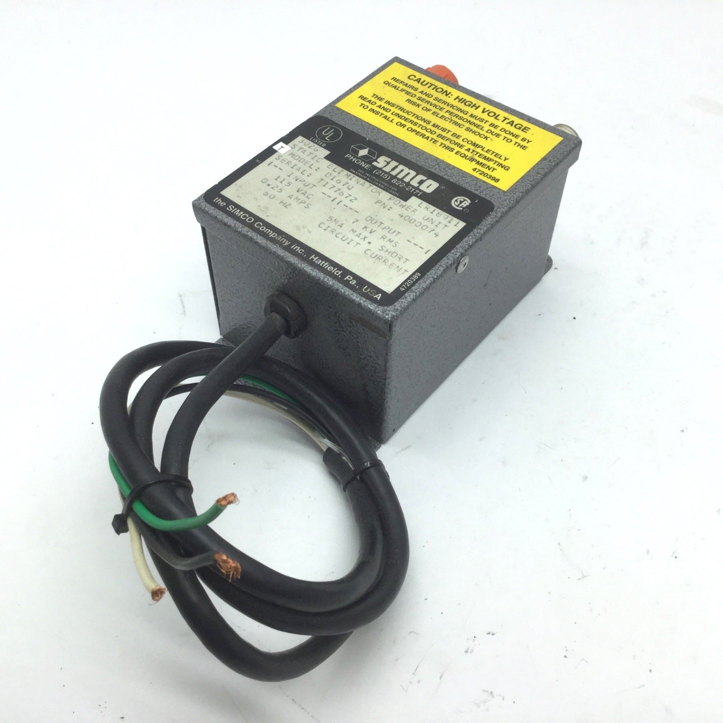Used Simco 4000074 D 167Q Static Eliminator Power Unit In: 115VAC 0.25A, Out: 7kV RMS