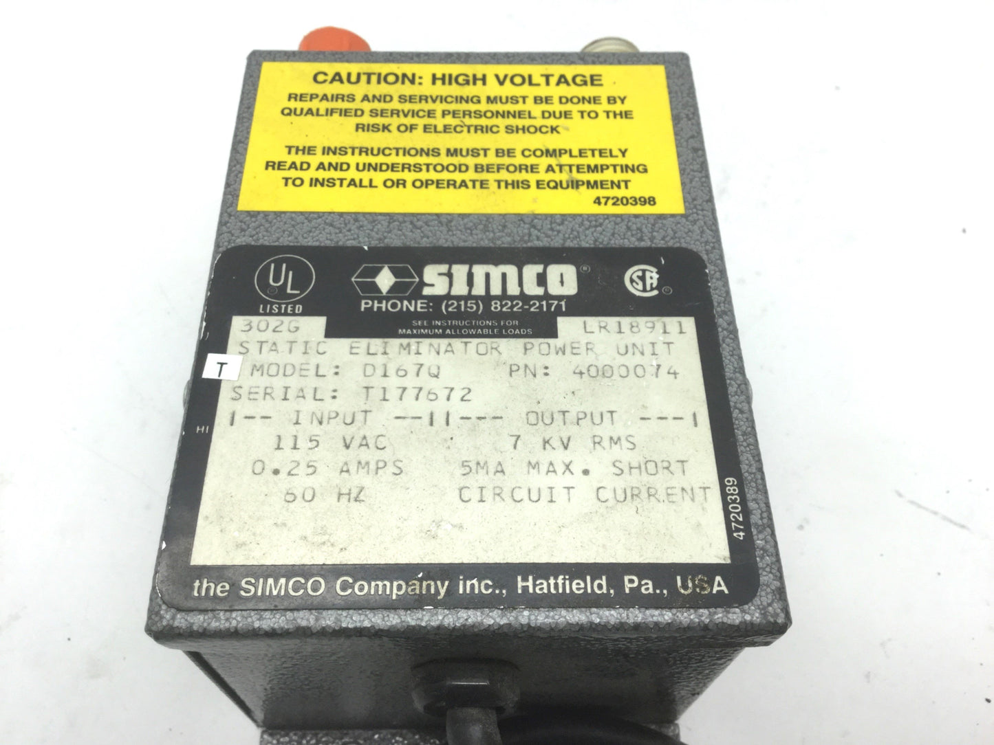 Used Simco 4000074 D 167Q Static Eliminator Power Unit In: 115VAC 0.25A, Out: 7kV RMS