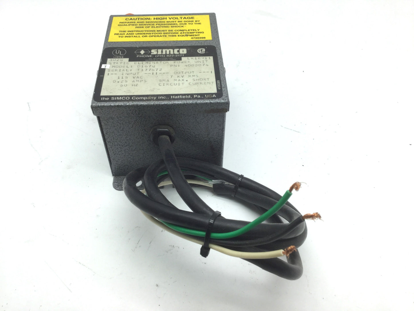 Used Simco 4000074 D 167Q Static Eliminator Power Unit In: 115VAC 0.25A, Out: 7kV RMS