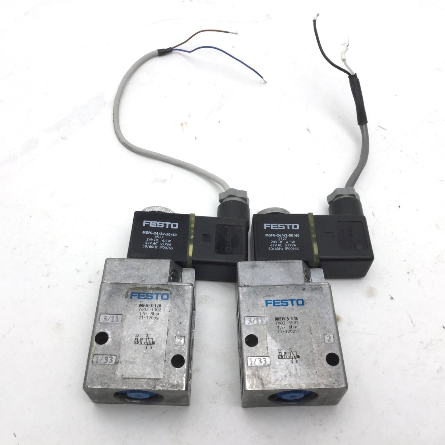 Used Lot of 2 Festo MFH-3-1/8 Solenoid Valve, 2-Pos 3-Way MSFG-24/42-50/60