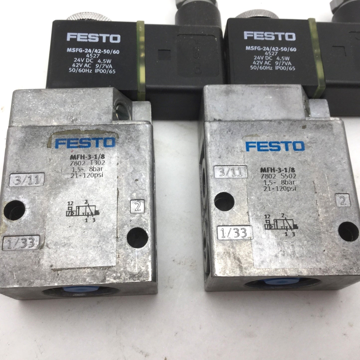 Used Lot of 2 Festo MFH-3-1/8 Solenoid Valve, 2-Pos 3-Way MSFG-24/42-50/60