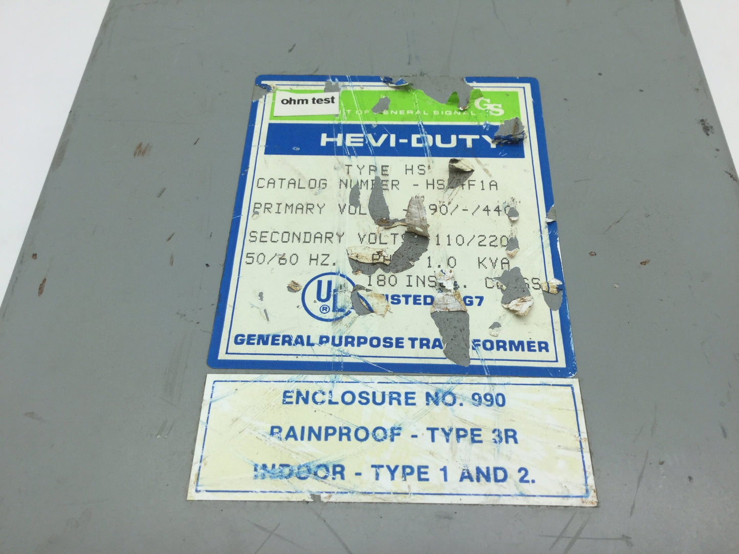 Used Hevi-Duty HS 4F1A Transformer Primary: 190-440 Secondary: 1.0 KVA 1PH 110/220VAC