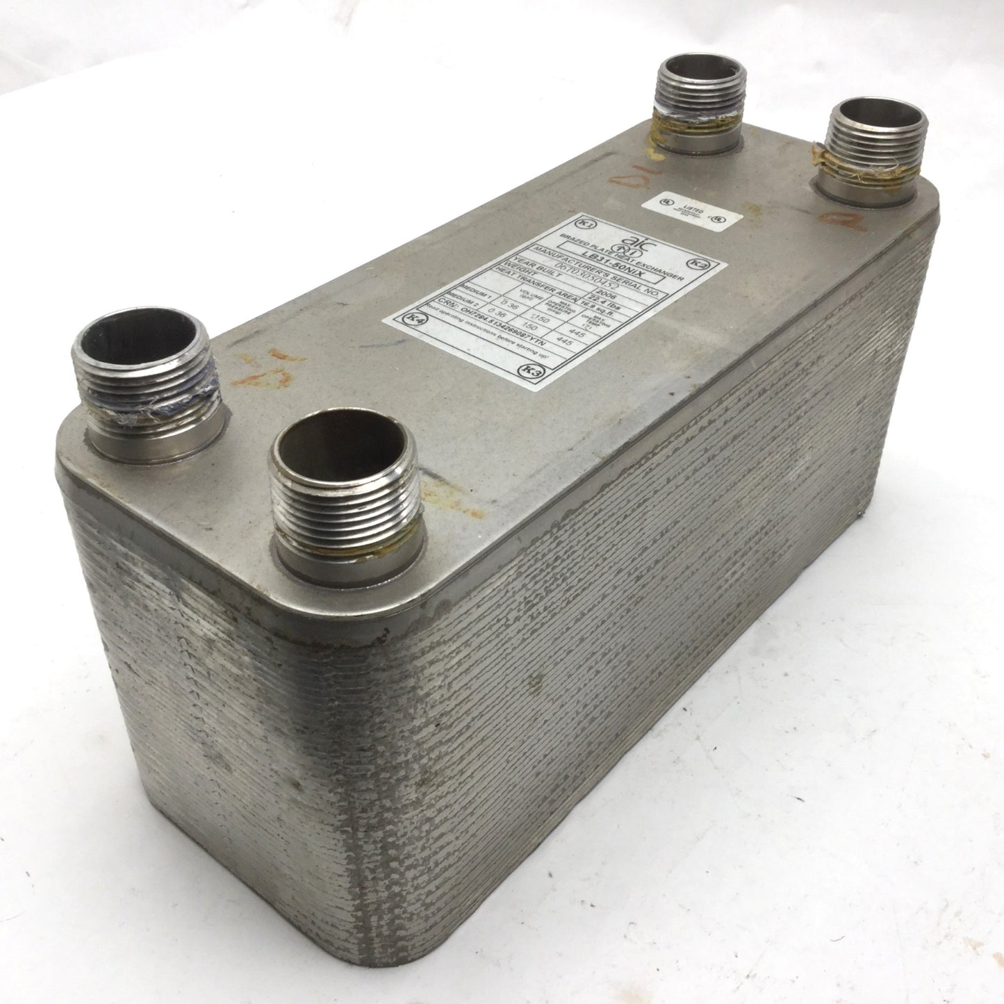 Used AIC LB31-50NiX Brazed Plate Heat Exchanger, 56 GPM, 150 PSIG Max, 445°F Max