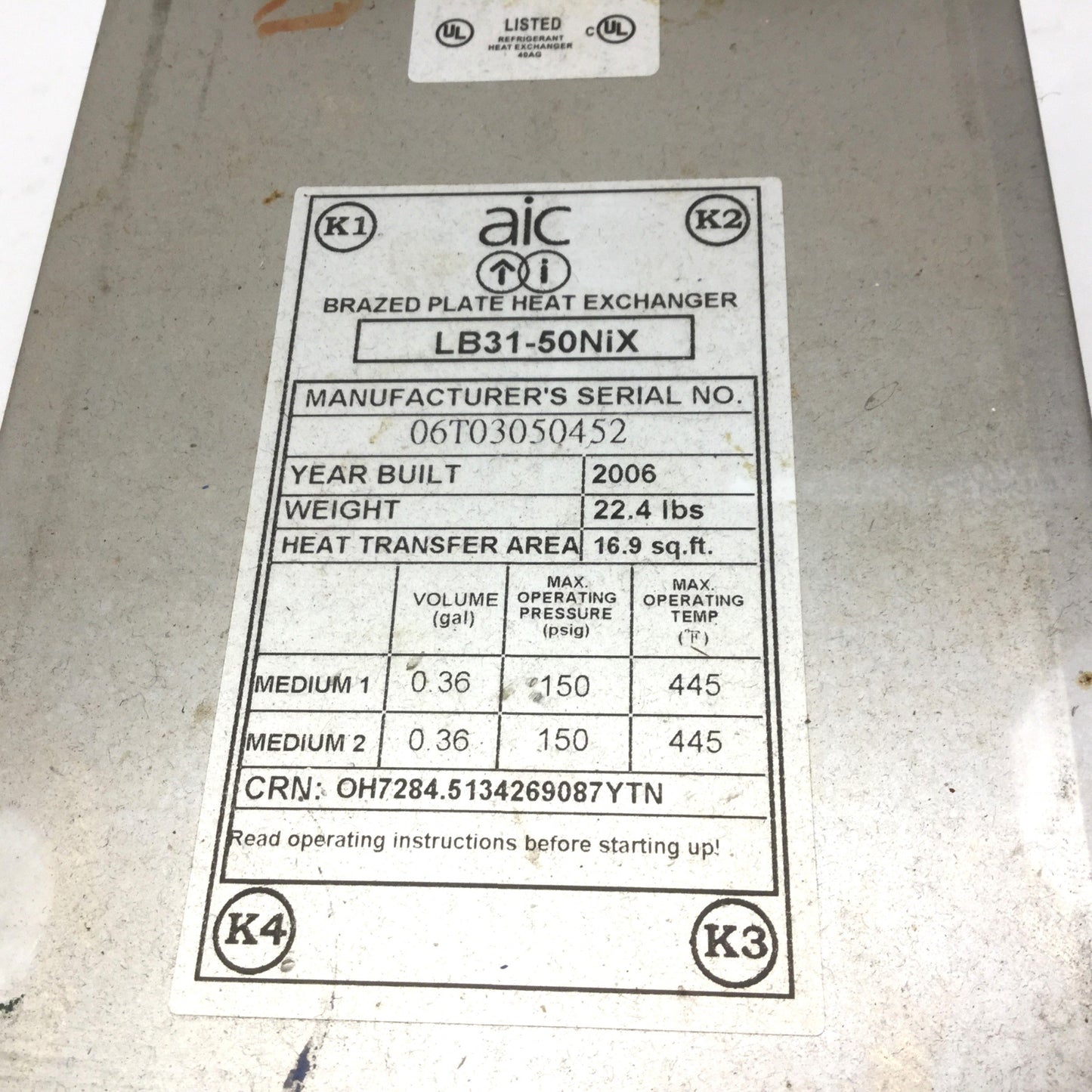Used AIC LB31-50NiX Brazed Plate Heat Exchanger, 56 GPM, 150 PSIG Max, 445°F Max