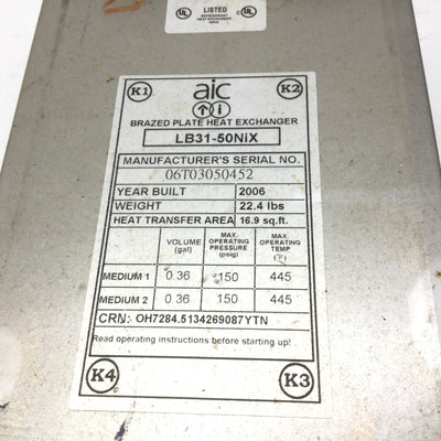 Used AIC LB31-50NiX Brazed Plate Heat Exchanger, 56 GPM, 150 PSIG Max, 445°F Max