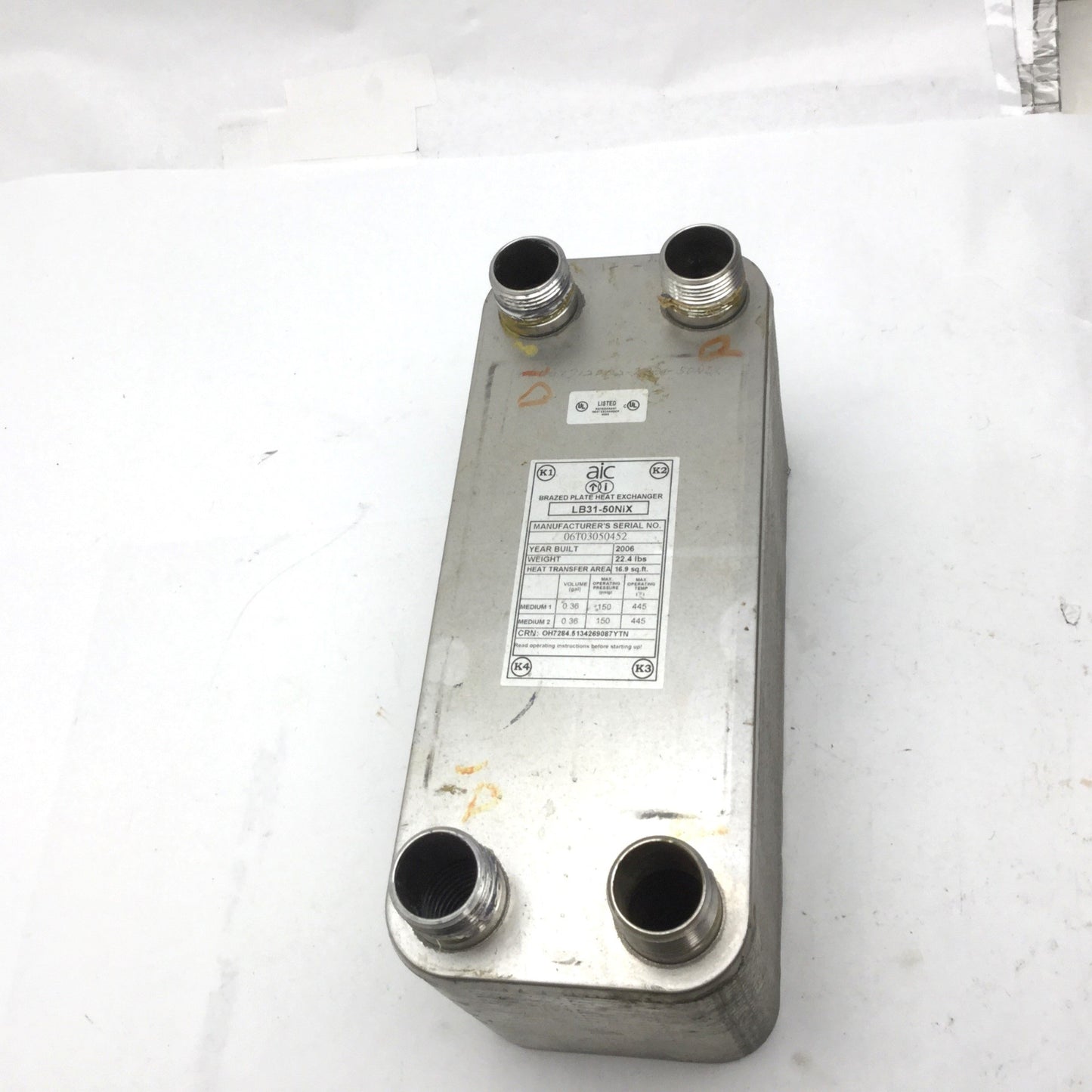 Used AIC LB31-50NiX Brazed Plate Heat Exchanger, 56 GPM, 150 PSIG Max, 445°F Max