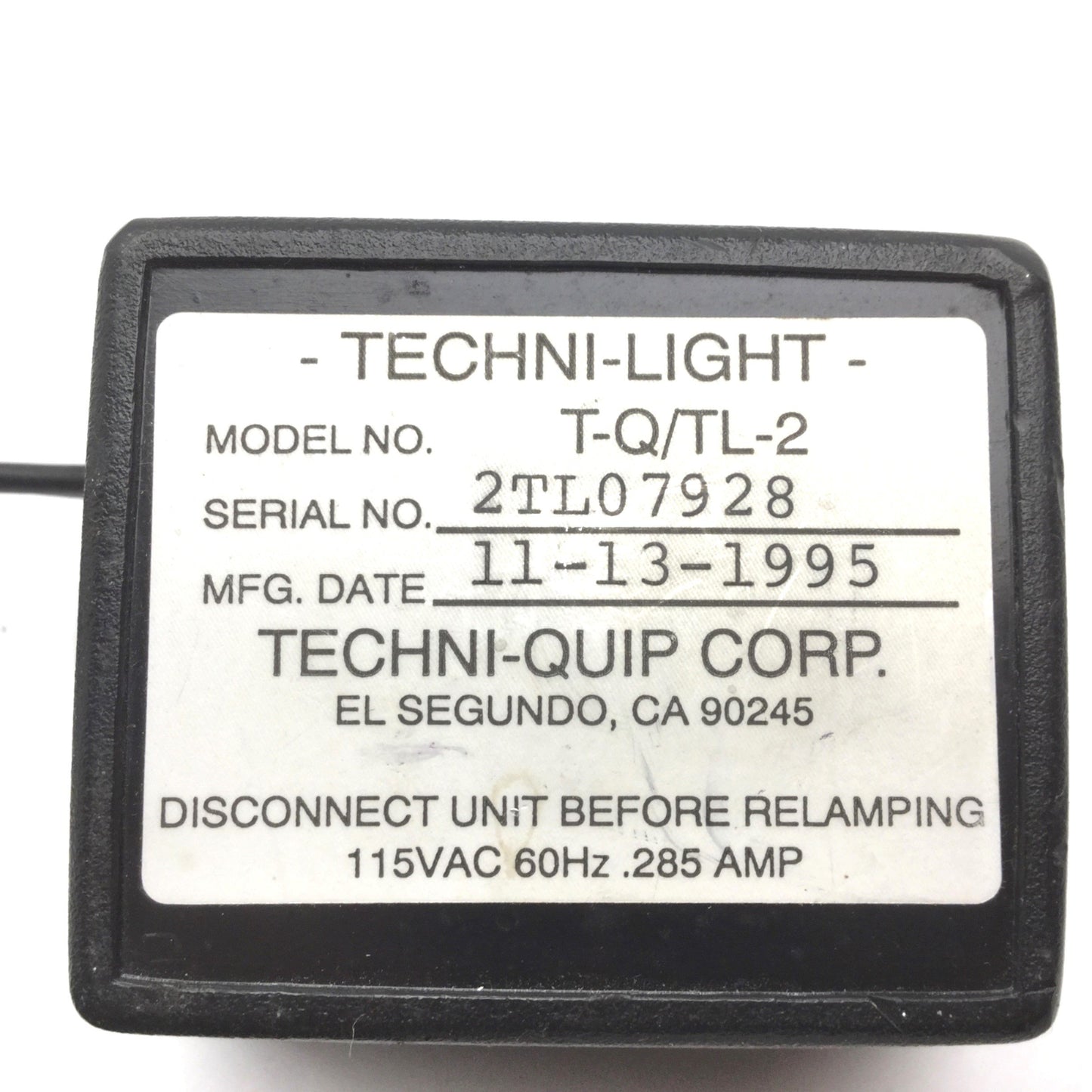 Used Techni-Quip Techni Light T-Q/TL-2 Microscope Ring Illuminator, 115VAC, Black