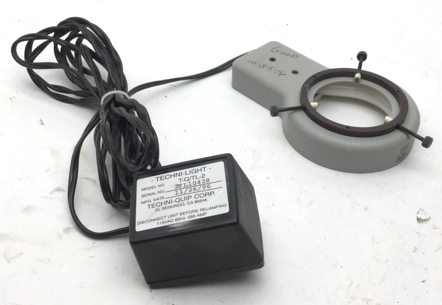 Used Techni-Quip T-Q/TL-2 Techni Light 2 Microscope Ring Illuminator, 115VAC, Grey