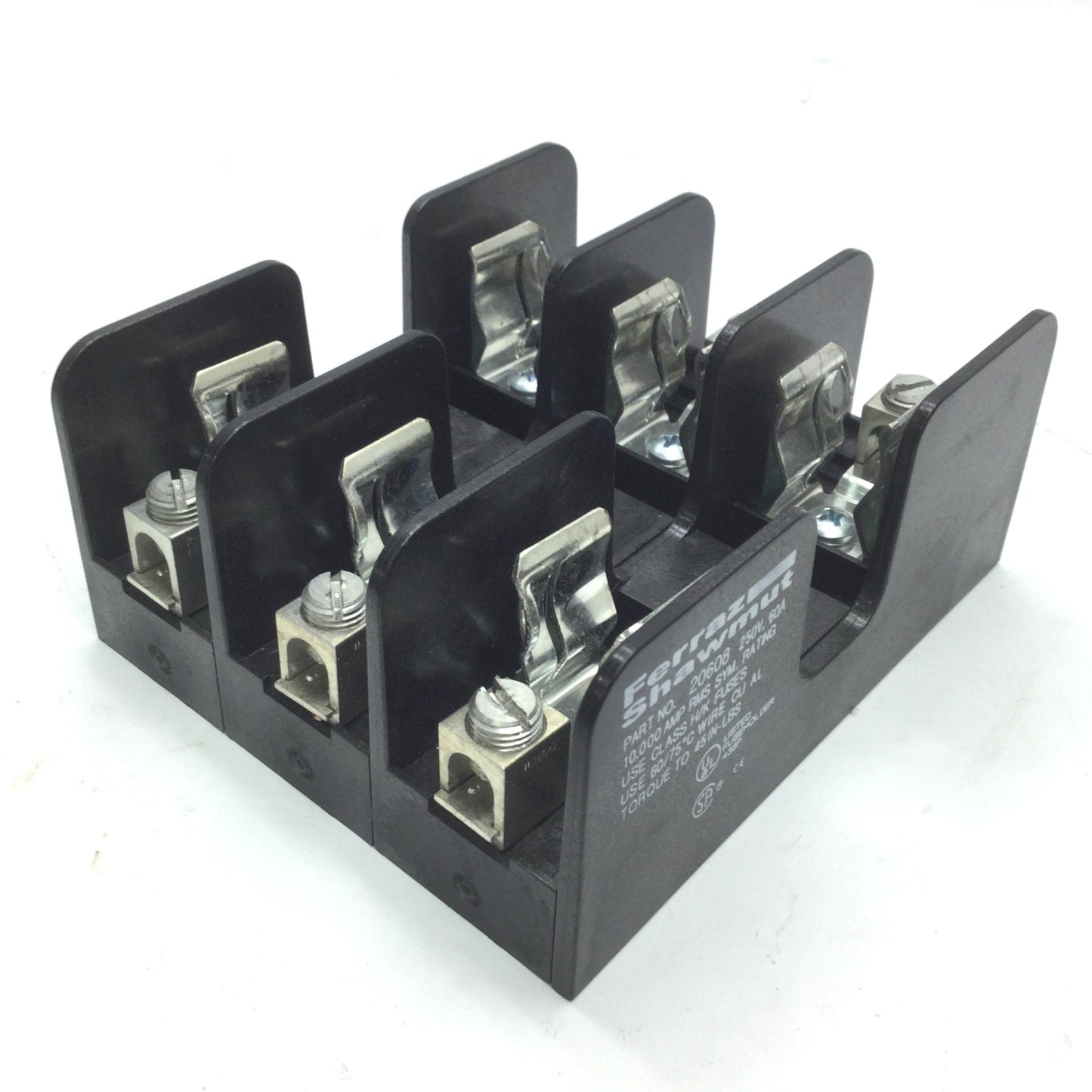 Used Ferraz Shawmut 20608 Fuse Holder, 250V 60A, 3-Pole, Class H/K Fuses