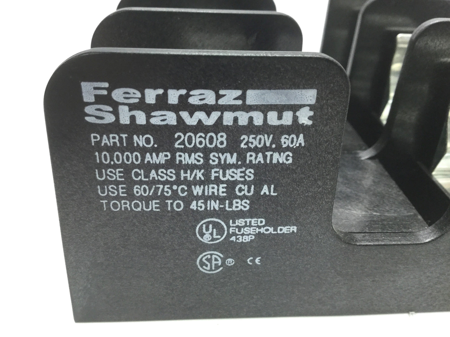 Used Ferraz Shawmut 20608 Fuse Holder, 250V 60A, 3-Pole, Class H/K Fuses