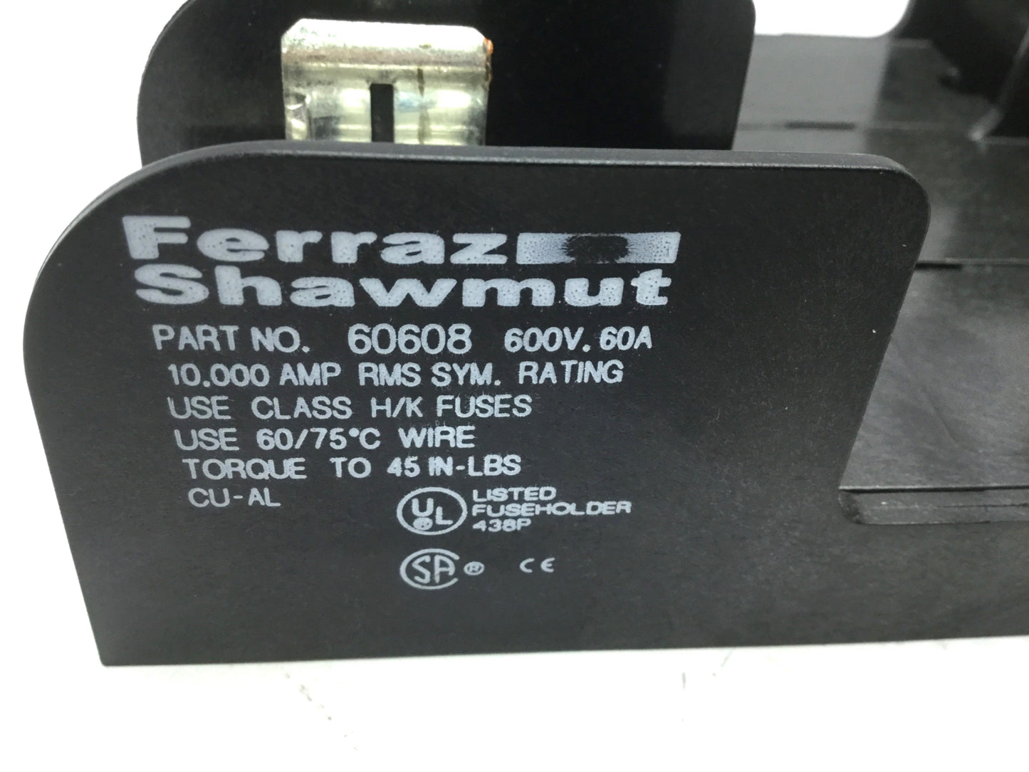 Used Ferraz Shawmut 60608 Fuse Holder, 600V 60A, 3-Pole, Class H/K Fuses