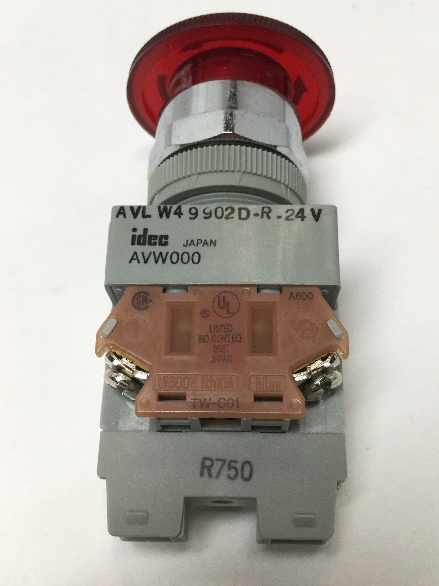 Used Idec AVLW49902D-R-24V Illuminated Emergency E-Stop Pushbutton Switch, 24V LED