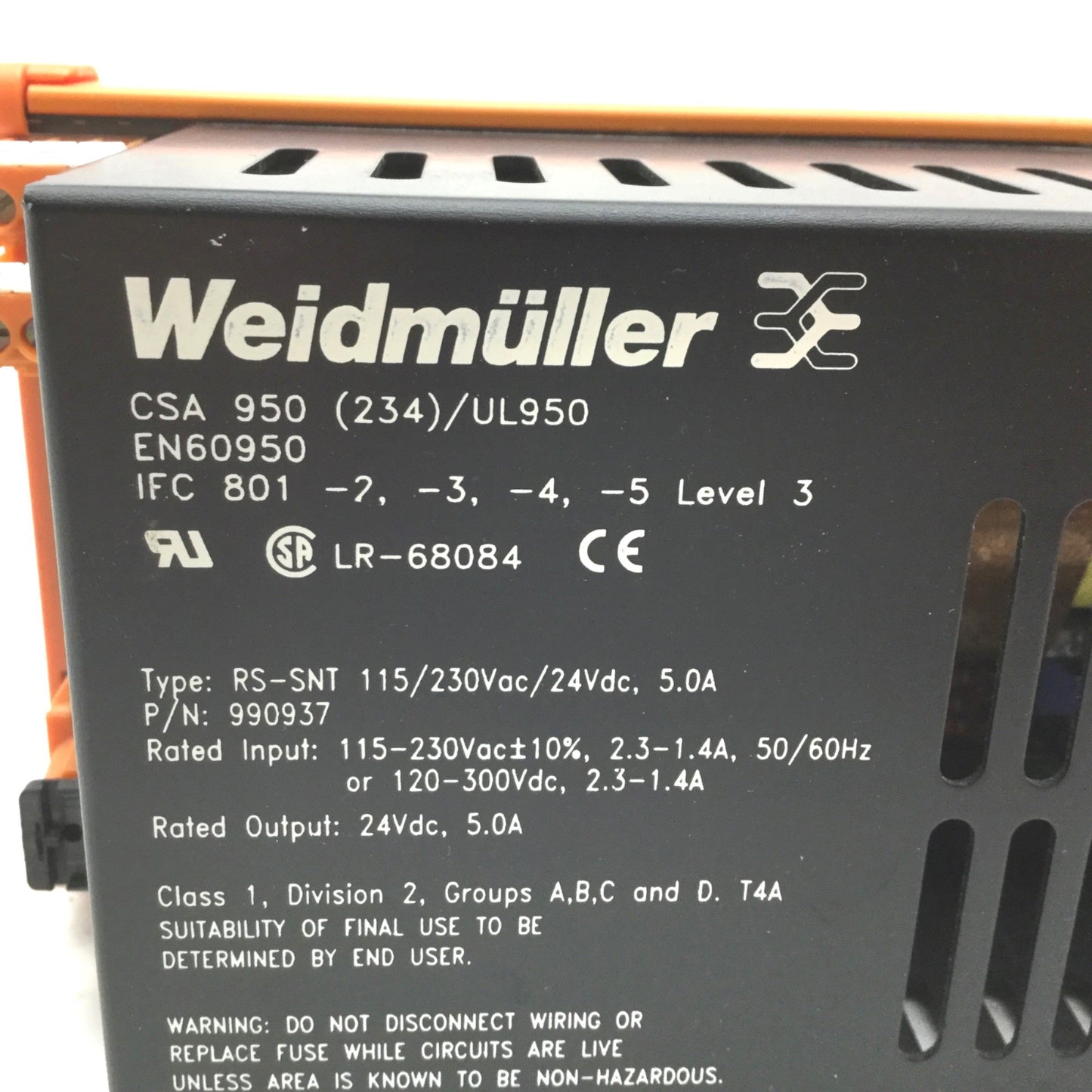 Used Weidmuller CSA 950 (234) /UL950 Power Supply, In: 115-230VAC, Out: 24VDC, 5A
