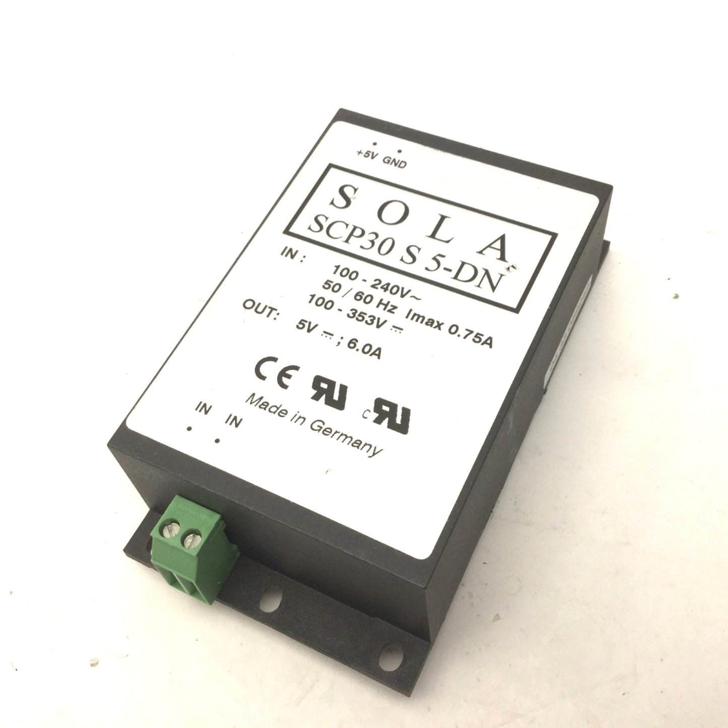 Used Sola SCP30 S 5-DN DIN Rail Power Supply, Out: 5VDC, 6A, In: 100-240VAC, 50/60Hz