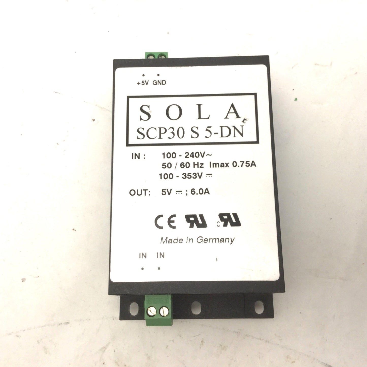 Used Sola SCP30 S 5-DN DIN Rail Power Supply, Out: 5VDC, 6A, In: 100-240VAC, 50/60Hz