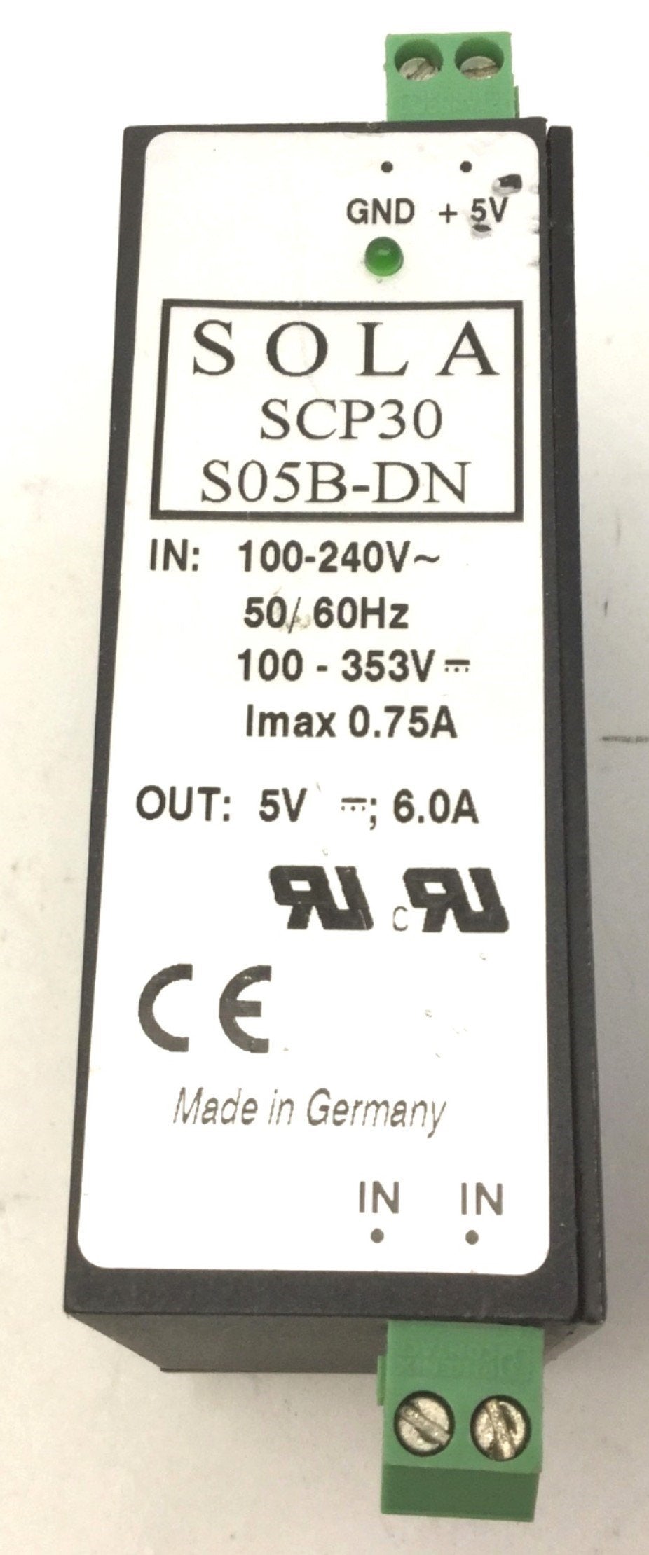 Used SOLA SCP30 S05B-DN Power Supply, 100-240VAC 100-353VDC IN, 5V 6.0A OUT