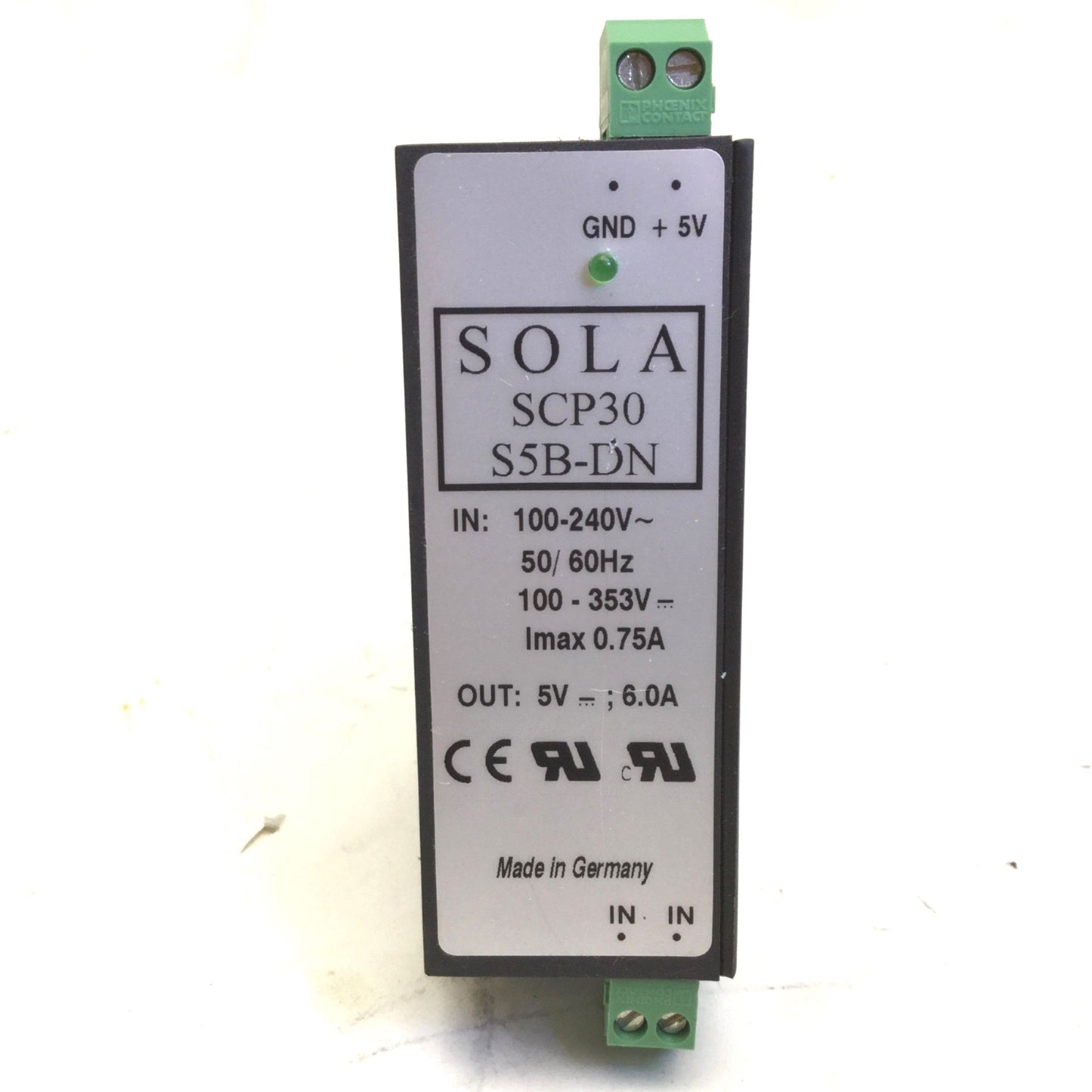 Used SOLA SCP30 S5B-DN Power Supply, Input: 100-240VAC 100-353VDC, Output: 5VDC 6A