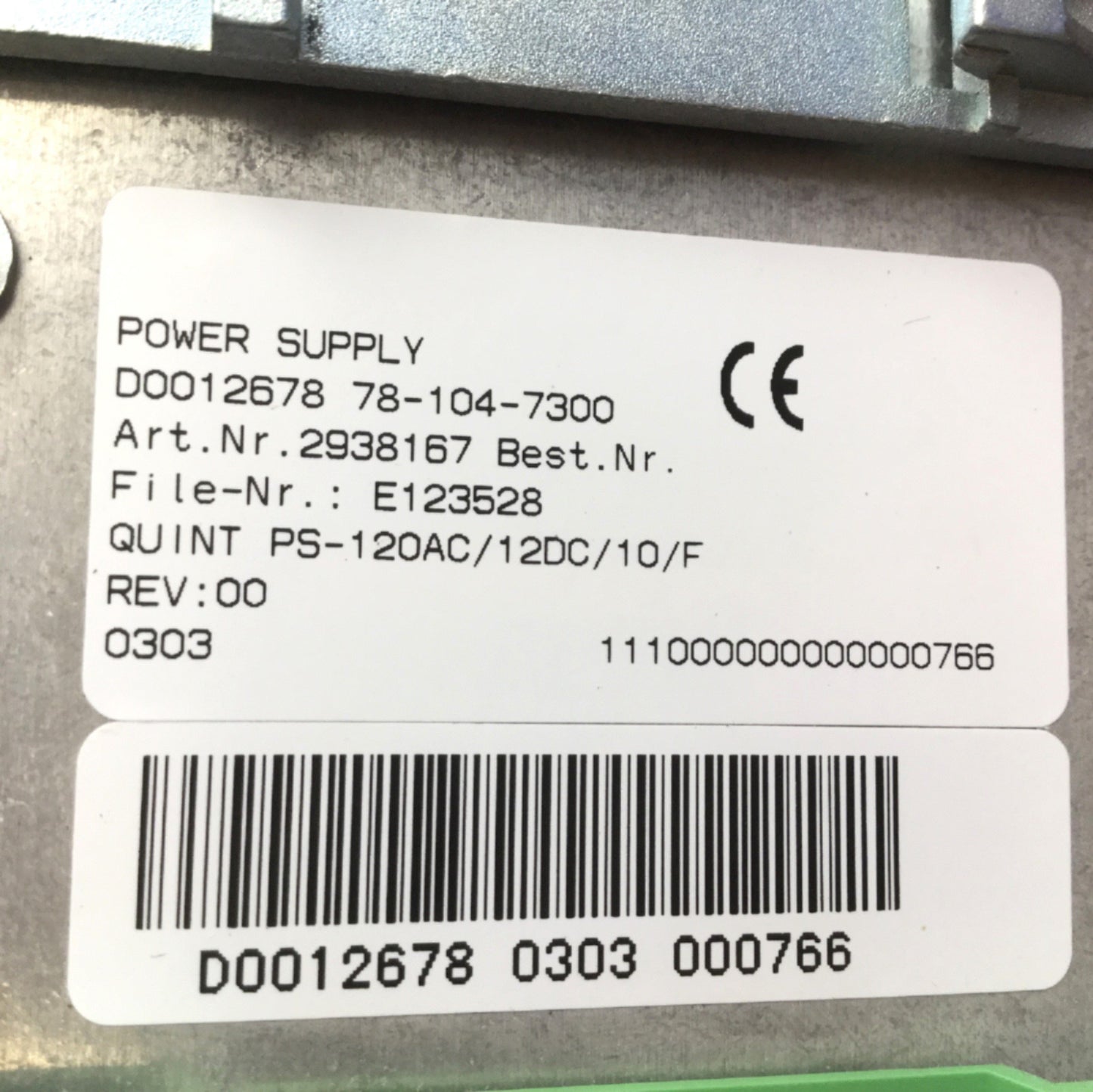 Used Phoenix QUINT PS-120AC/12DC/10/F Power Supply, 120VAC, 47-63Hz, Out: 12VDC