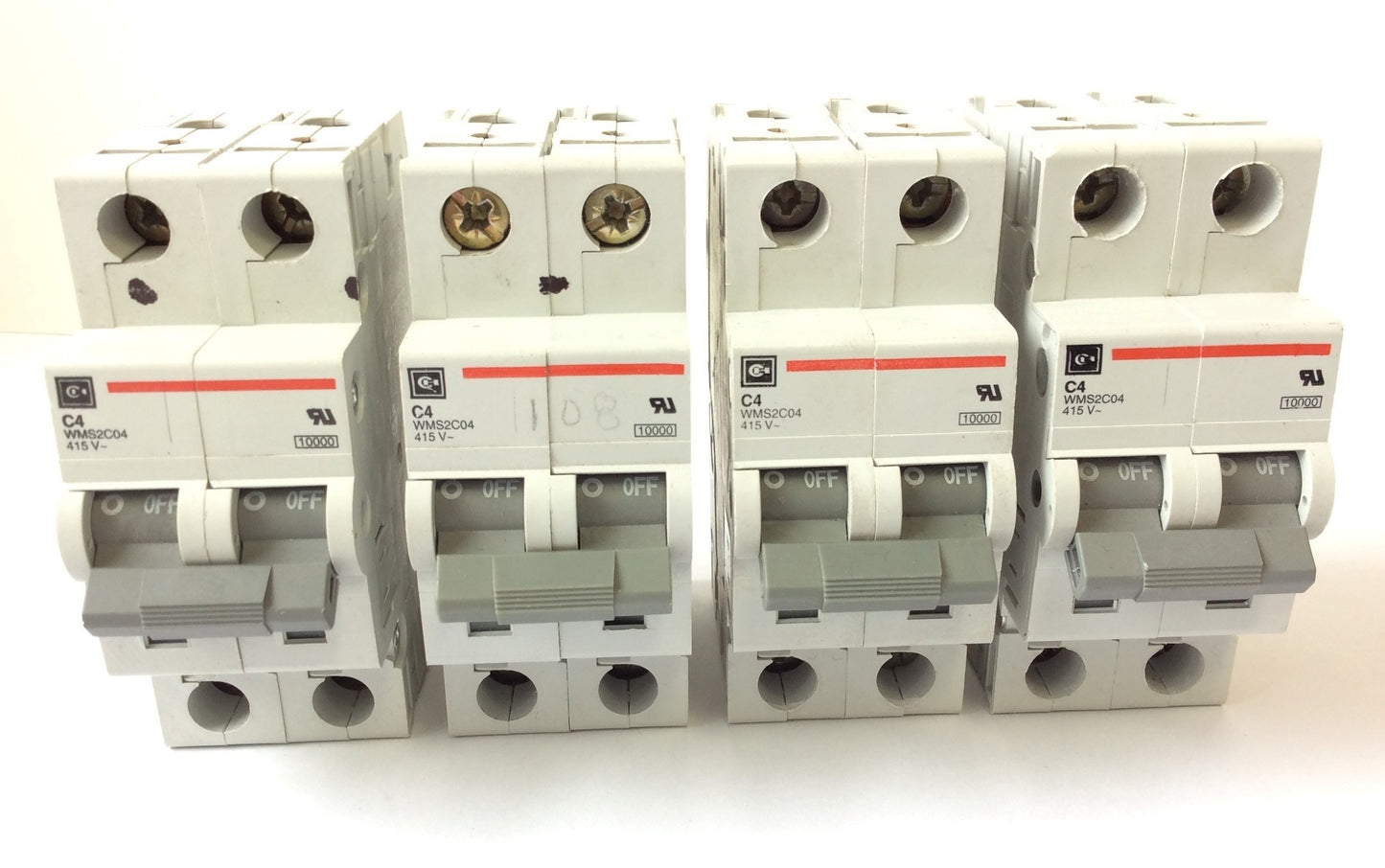 Used Lot of 4 Cutler Hammer WMS2C04 Circuit Breaker 2-Pole Rating: 4A 415VAC, C-Curve