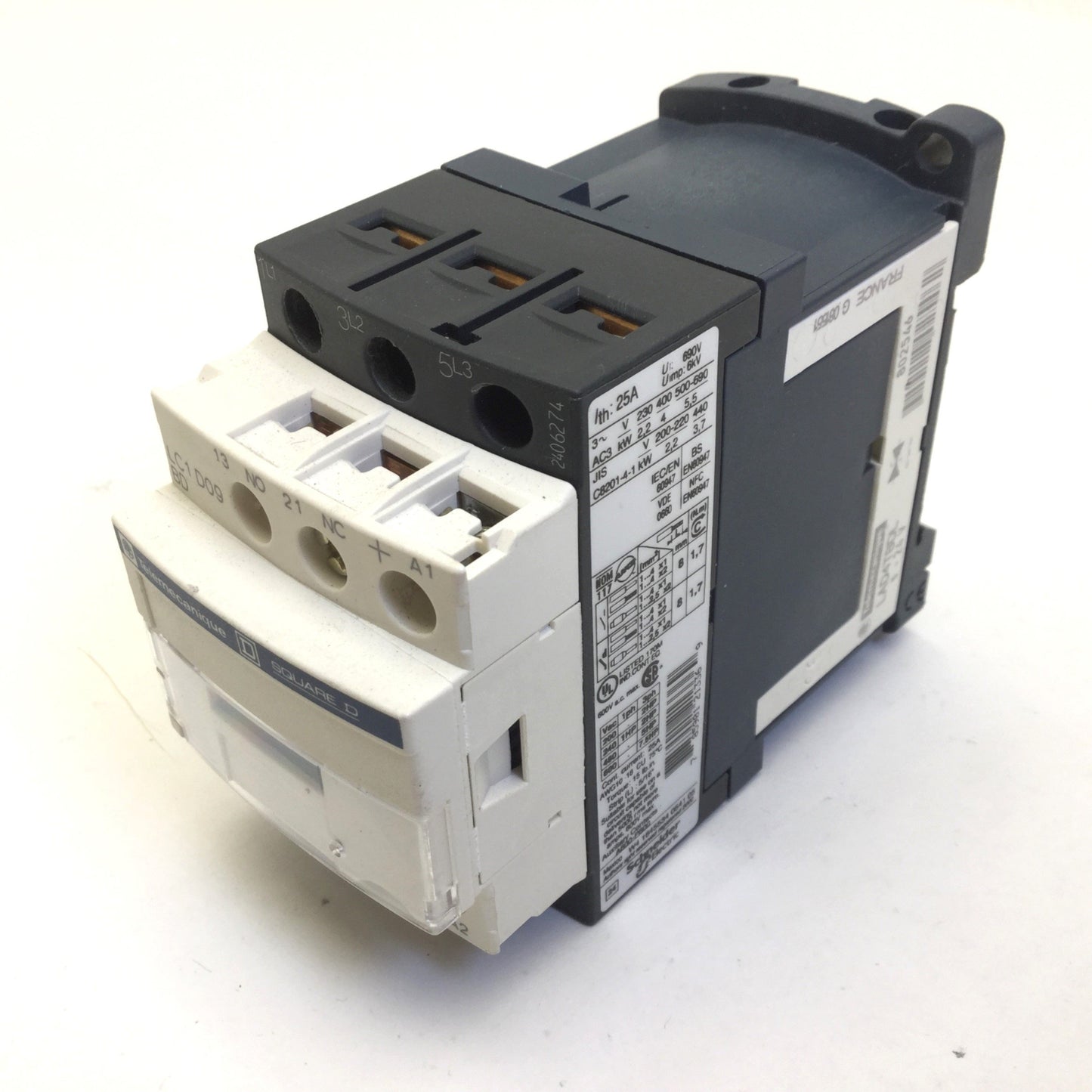 Used Telemecanique LC1 D09 BD Contactor Coil: 24VDC, 3-Pole, W/ LAD4TBDL Suppressor