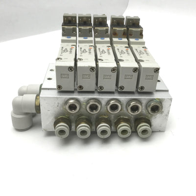 Used Bank of SMC SY5140-5DZ-Q/SY5140-5DO on SMC SS5Y5-Q1J117 Manifold 10mm IN 6mm Out