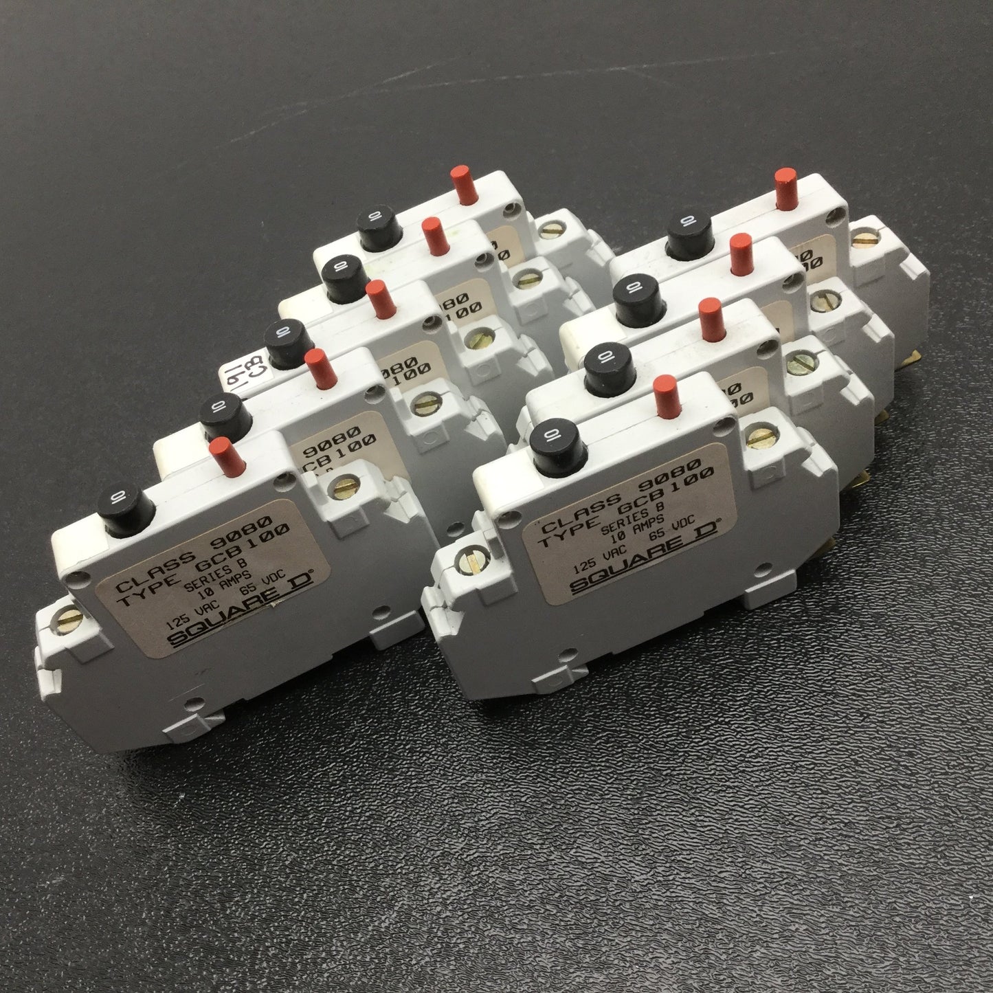 Used Lot of 9 Square D 9080 GCB100 Circuit Breaker, 1-Pole, Rating: 10A 125VAC 65VDC