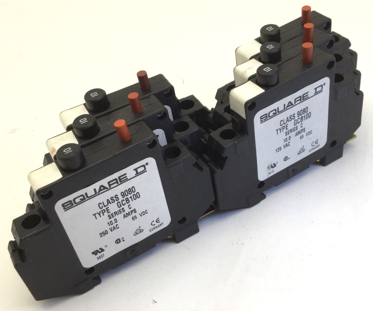 Used Lot of 6 Square D 9080 GCB100 Circuit Breaker, 1-Pole, Rating: 10A 125VAC 65VDC