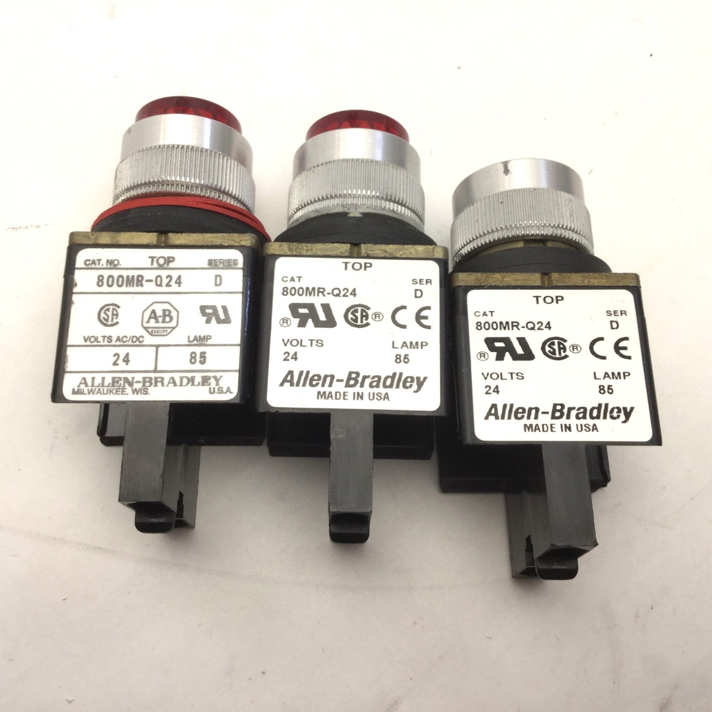 Used Lot of 3 Allen Bradley 800MR-Q24 Lighted Pilot Lights, 2x Red, 1x Clear, 24V