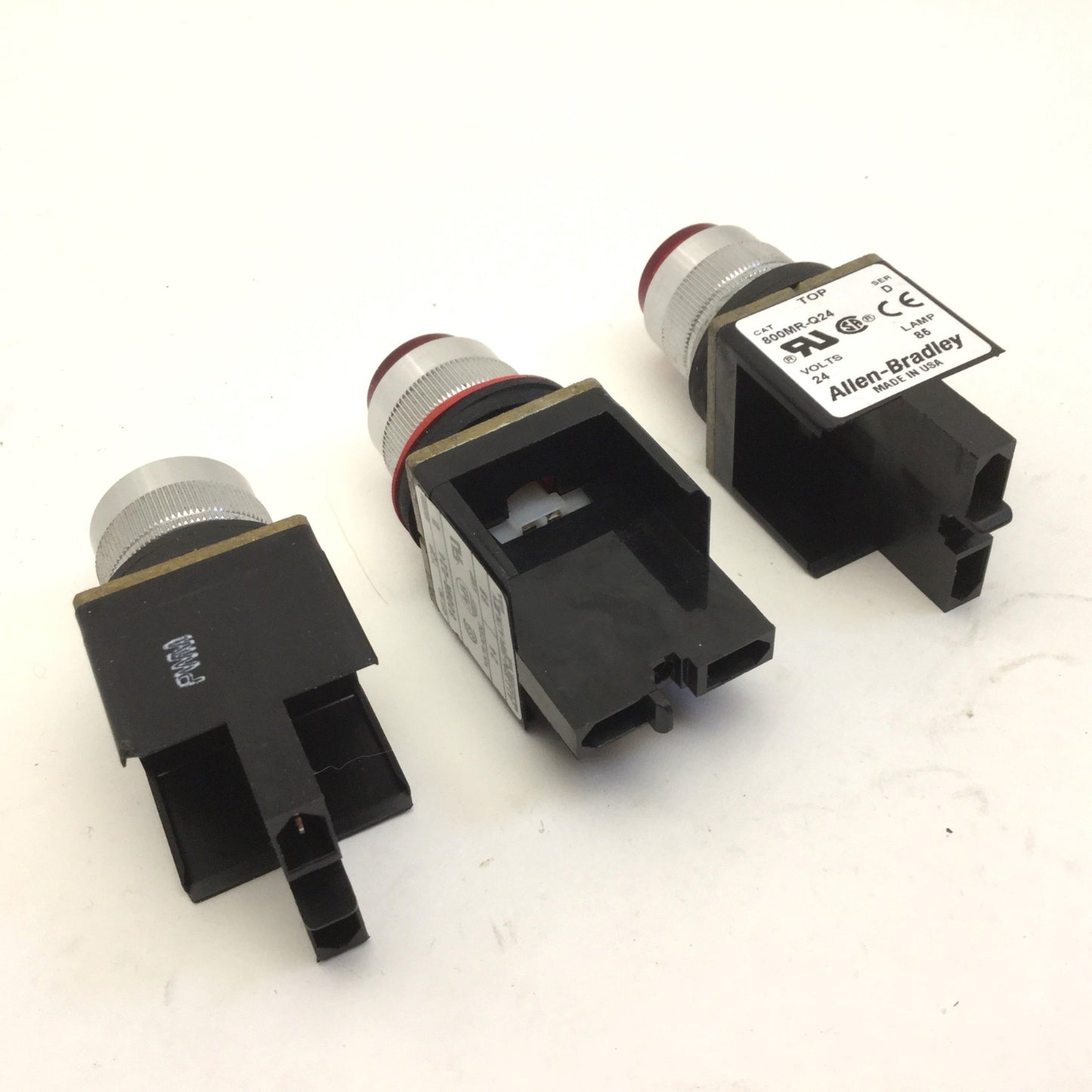 Used Lot of 3 Allen Bradley 800MR-Q24 Lighted Pilot Lights, 2x Red, 1x Clear, 24V