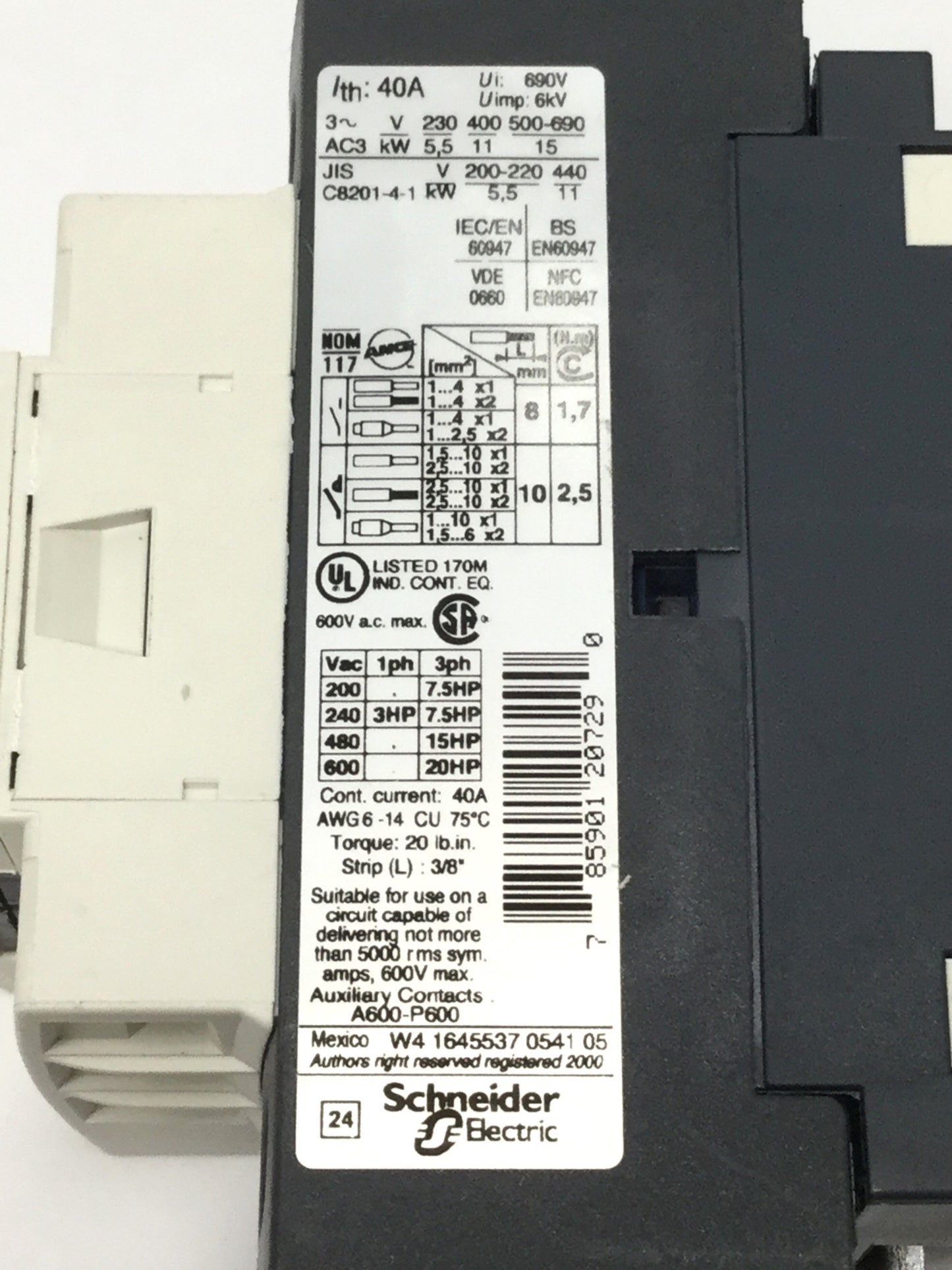 Used Telemecanique LC1D25BD TeSys IEC Contactor, 3-Pole, 24VDC Coil w/LAD4TBDL Diode